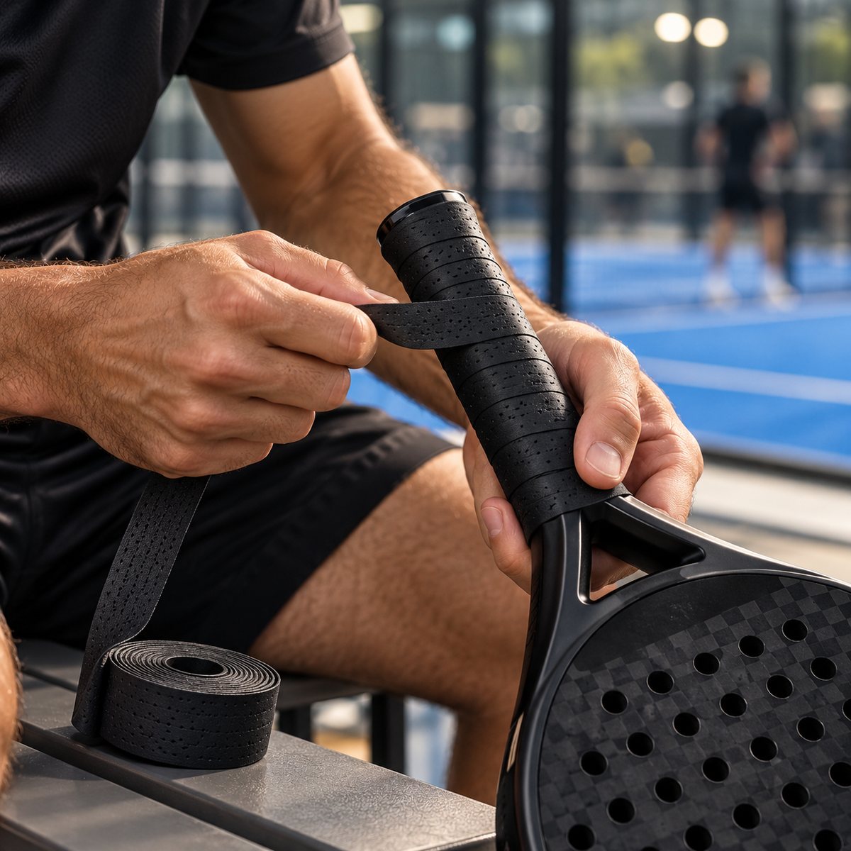 Padelspieler wickelt einen schwarzen Overgrip um den Schlägergriff